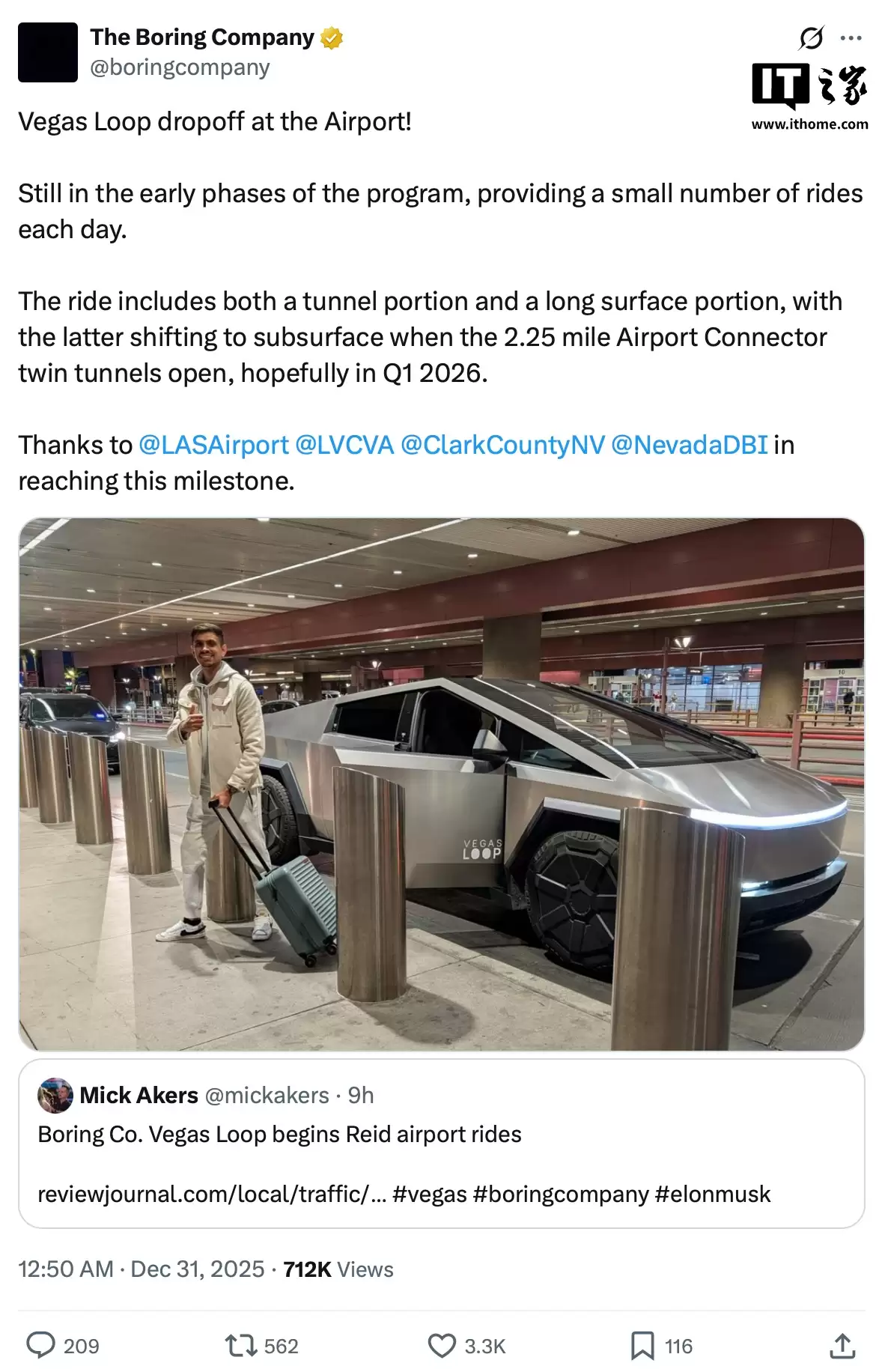 马斯克 The Boring Company 旗下 Vegas Loop 隧道交通服务延伸至拉斯维加斯机场,单程 12 美元