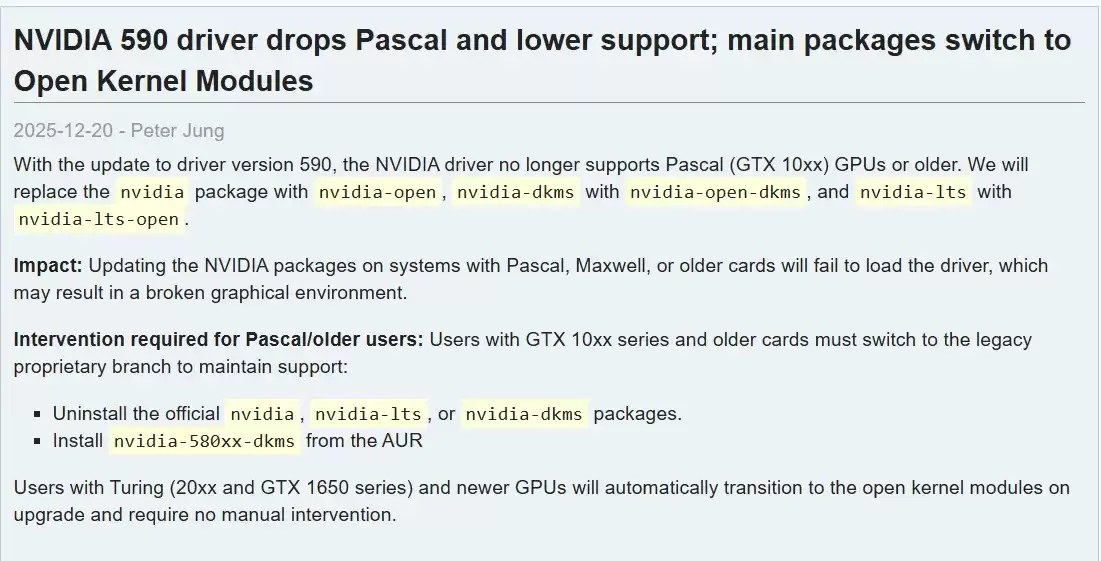Arch Linux 系统停止支持英伟达 GTX 10 系列显卡，用户需手动安装旧版驱动