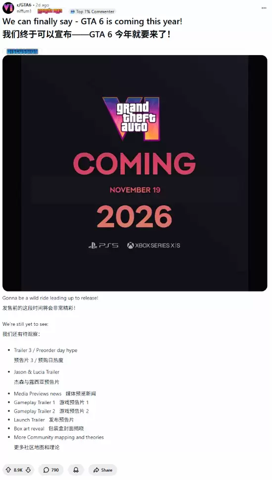 GTA6或将于2026年11月19日发售，玩家期待与延期猜测并存