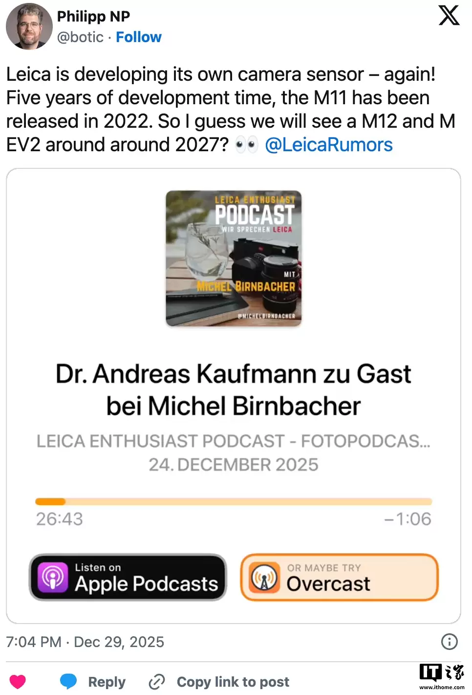 徕卡透露正自主研发全画幅 CMOS 传感器,有望 2027 年随 M12 相机首发登场