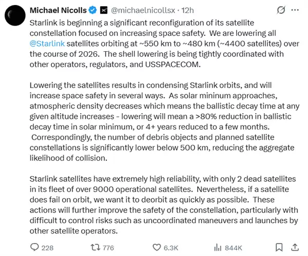 SpaceX将星链卫星降至480公里以提升太空安全