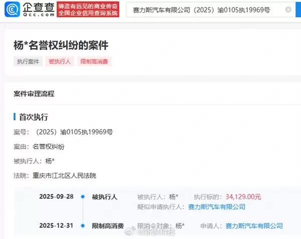 赛力斯维权胜诉 博主判赔3万元拒不执行被限高