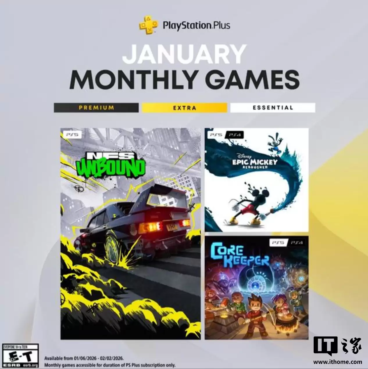 2026 年 1 月索尼 PS Plus 会免游戏公布：《极品飞车：不羁》《护核纪元》等