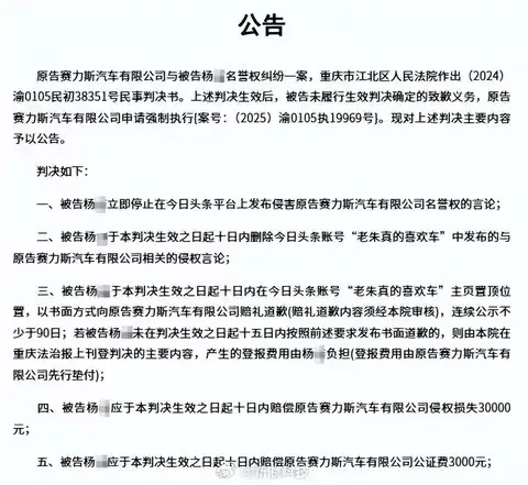赛力斯诉老朱真的喜欢车案新进展：杨某被限消