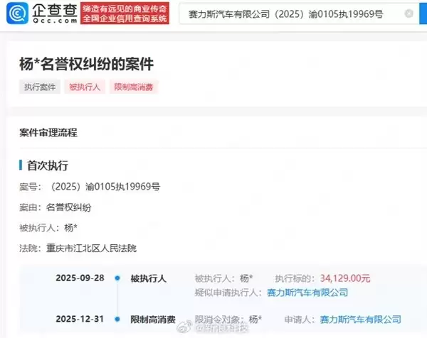 赛力斯诉杨某侵权案进展：因未履约被限高消费