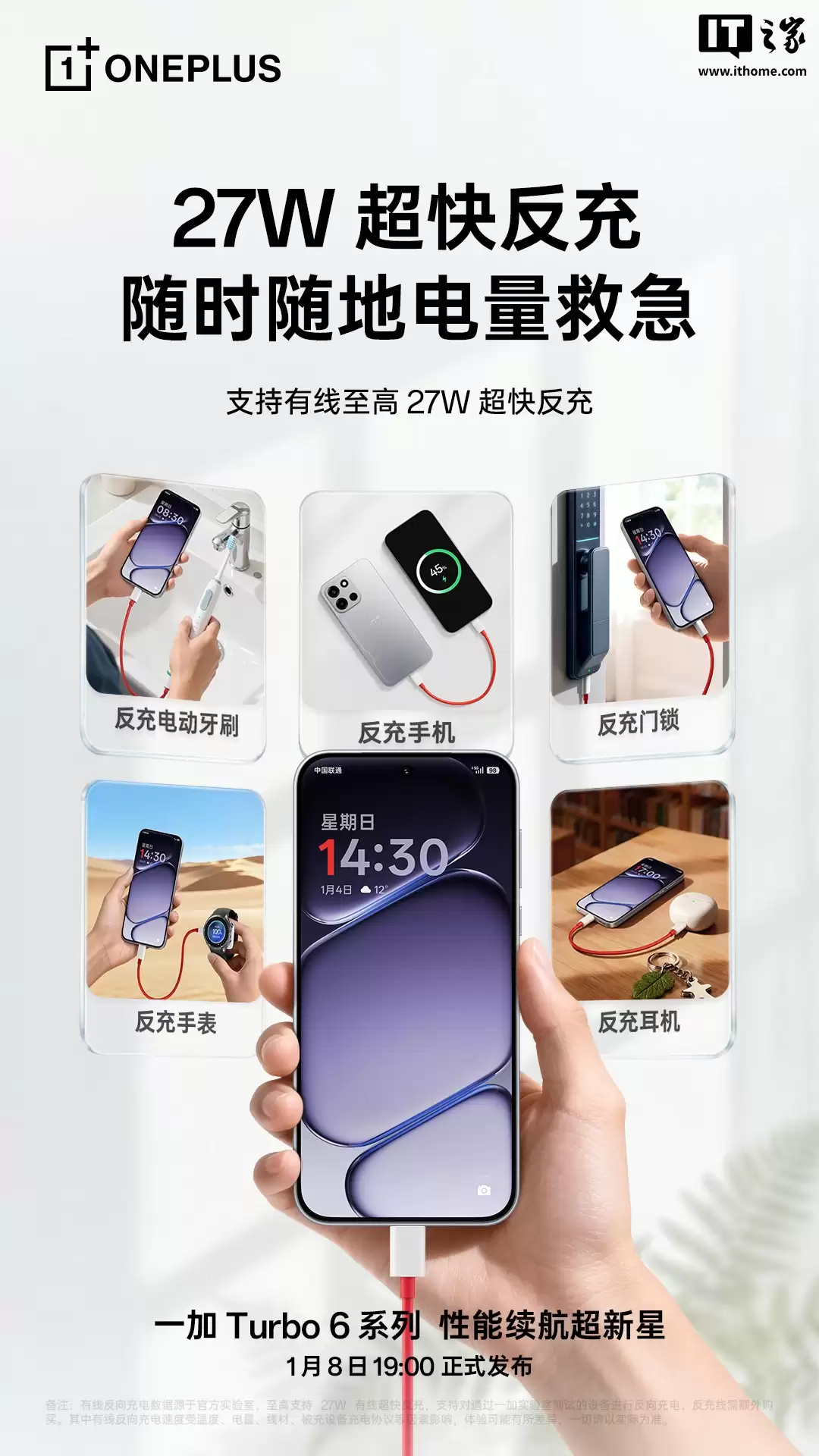 一加+Turbo+6+系列手机支持至高+27W+有线反向快充,半小时可将苹果+iPhone+16+充至+45%