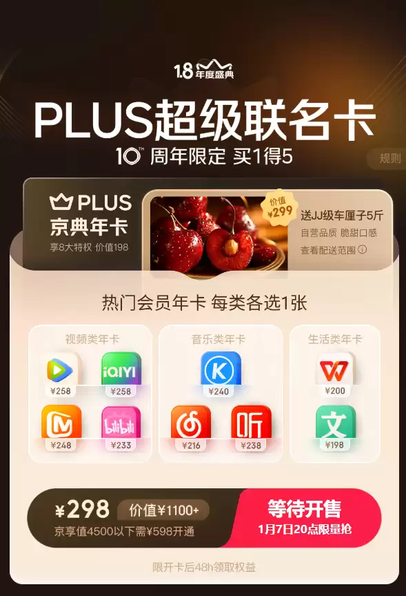 298元 买1得5！京东PLUS超级联名卡来了：价值1100元 送5斤车厘子、腾讯视频会员等