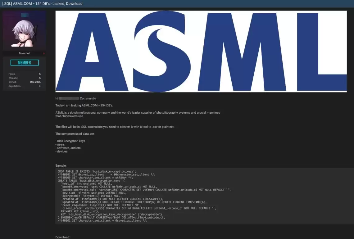 阿斯麦 ASML 公司疑似遭遇重大数据泄露,154 个数据库被公开