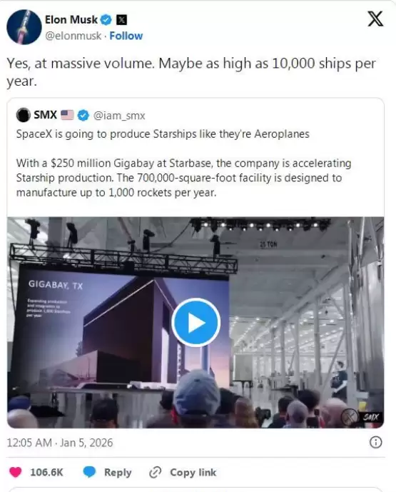 马斯克提出终极目标：每年生产1万艘星舰飞船