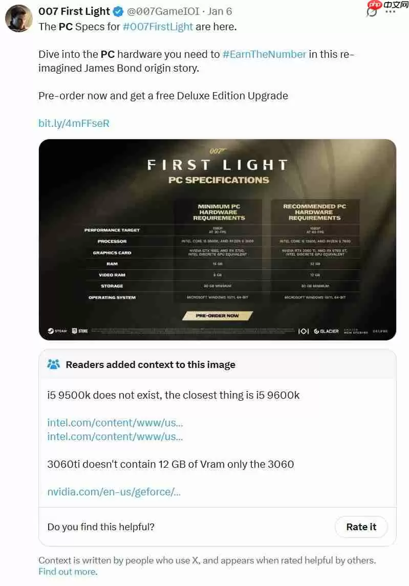 《007：初露锋芒》PC配置离谱 CPU根本不存在