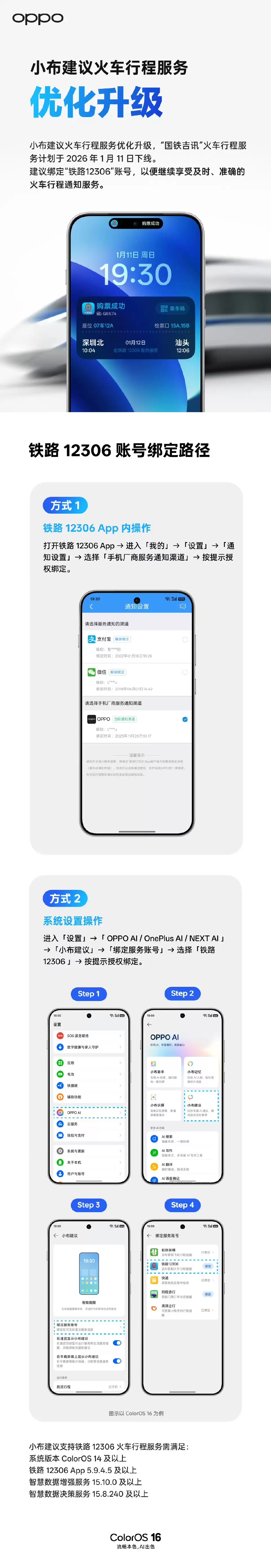 OPPO ColorOS：“国铁吉讯”火车行程服务 1 月 11 日下线，可绑定“铁路 12306”账号