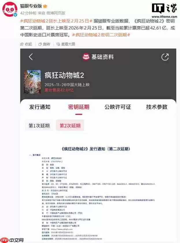中国影史进口片票房冠军,《疯狂动物城 2》延长上映至 2 月 25 日