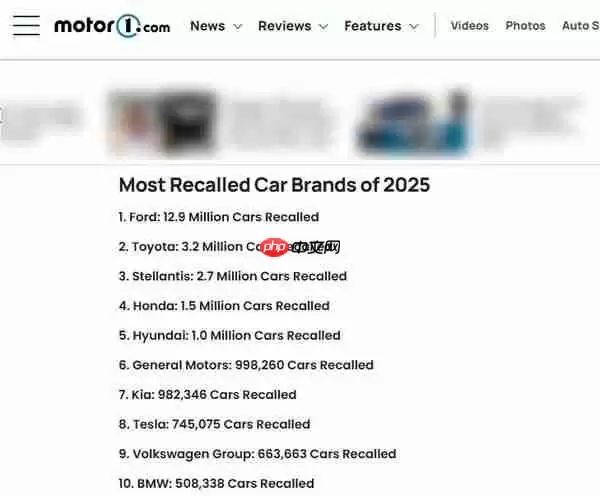 2025汽车召回榜出炉:福特“一骑绝尘” 特斯拉大幅改善