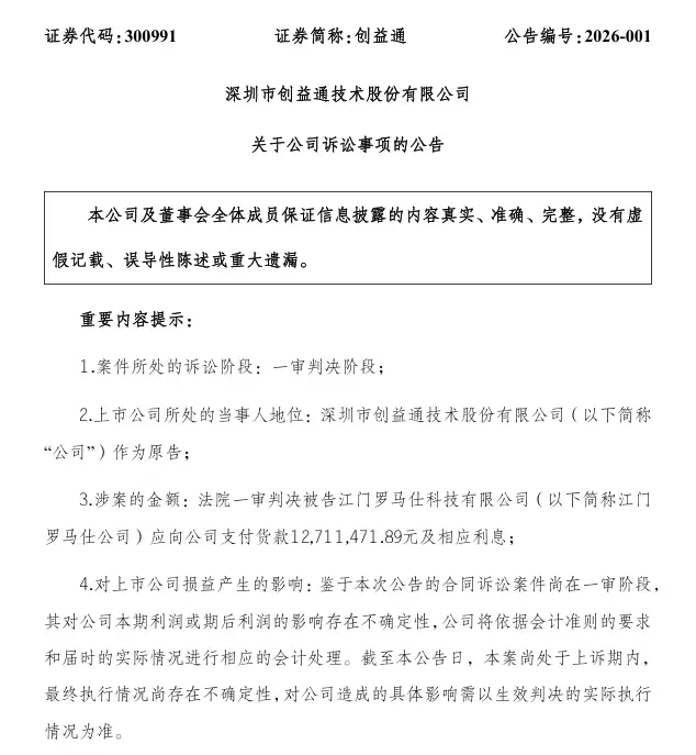 罗马仕遭供应商创益通起诉追讨货款，一审被判支付 1271 万元