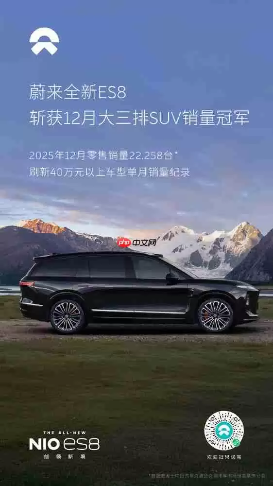 蔚来：2025年12月全新ES8单月零售量达22258台