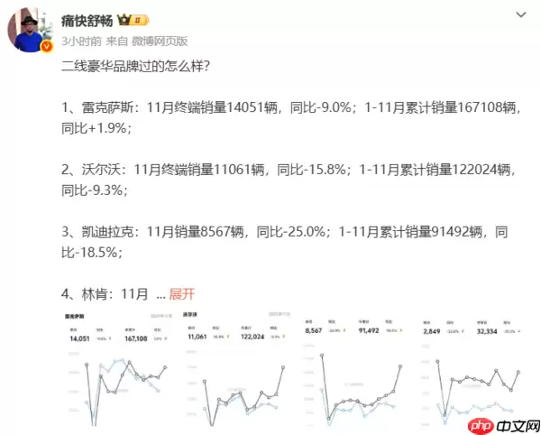 曝四大二线豪华汽车品牌1-11月销量:累计减少约4万辆