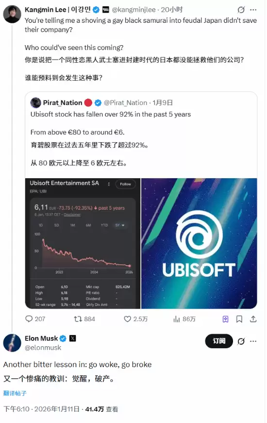 马斯克转发觉醒即破产言论引爆育碧股价争议