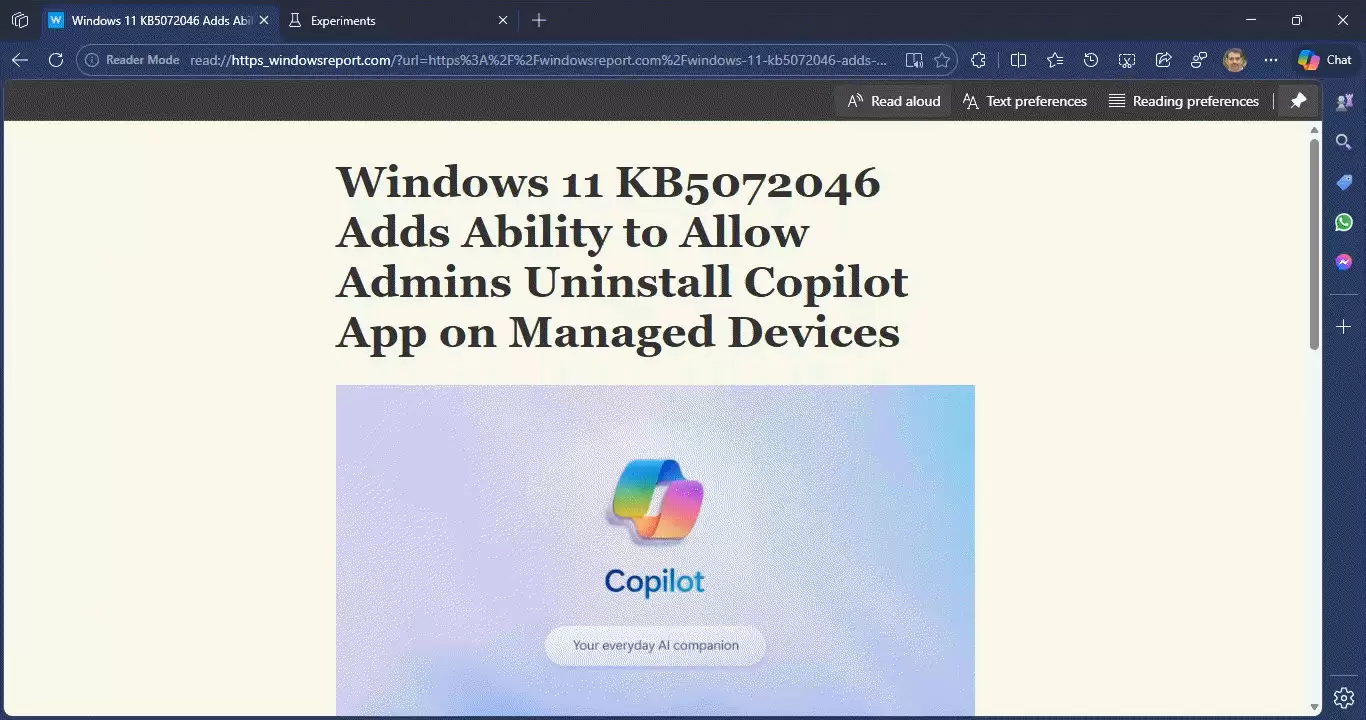 微软测试新版Edge沉浸式阅读器，Copilot功能前置