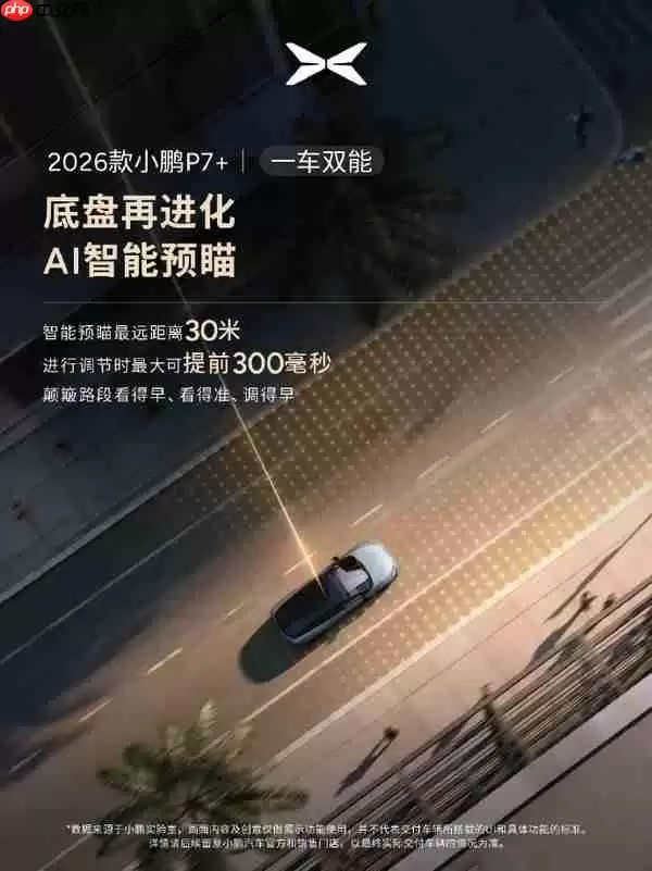 2026款小鹏P7+全系标配AI底盘 智能预瞄最远达30米