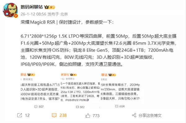 荣耀Magic8 RSR保时捷设计版发布:骁龙8至尊+2亿长焦+7200mAh