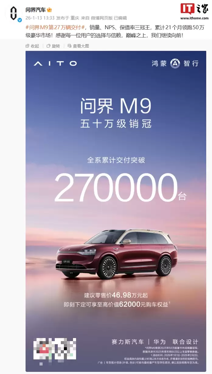 鸿蒙智行问界 M9 汽车全系累计交付破 27 万辆,宣称“销量、NPS、保值率三冠王”