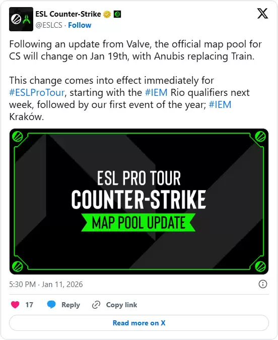 ESL官方比赛地图池调整:Anubis取代Train ESL官方比赛地图池调整:Anubis取代Train