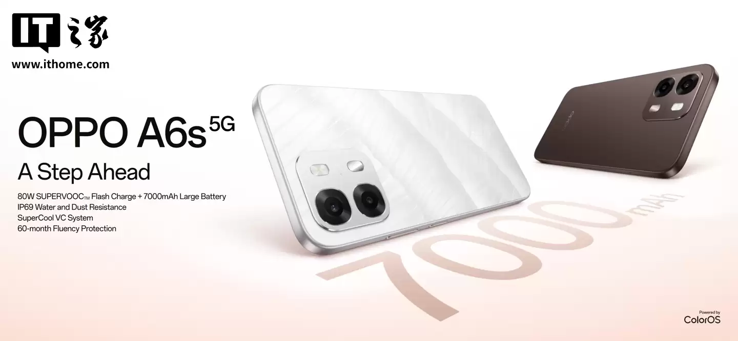 OPPO 海外推出 A6s 5G 手机:6.75 英寸 720P LCD 屏幕,天玑 6300 芯片