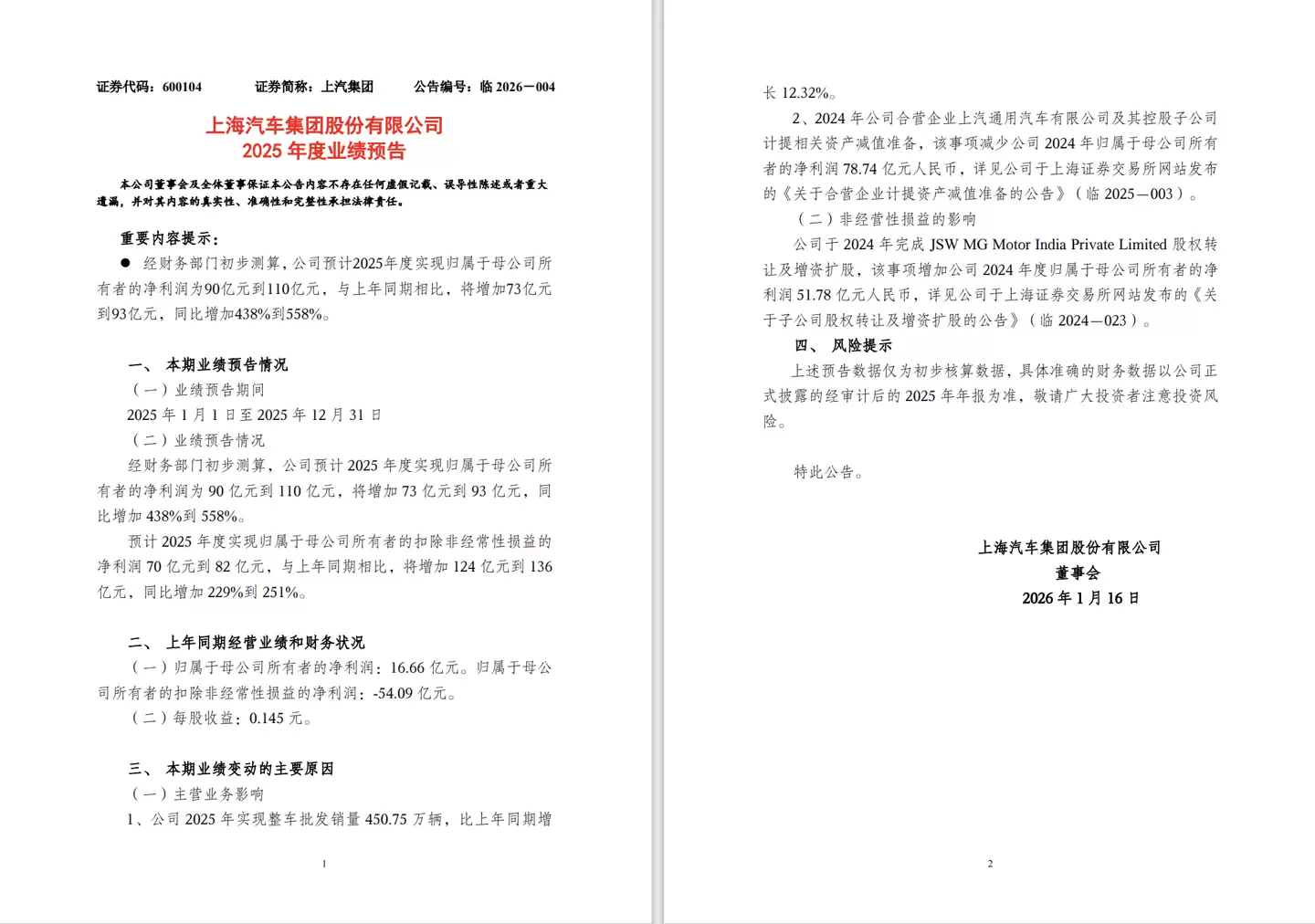 上汽集团预计 2025 年净利 90 亿-110 亿元,同比大增 438%-558%