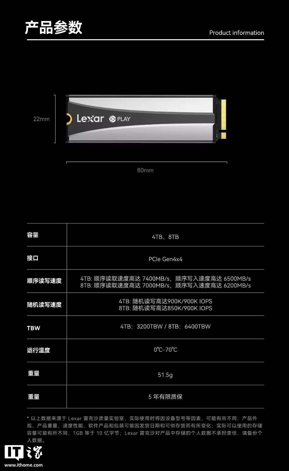 雷克沙 Lexar PLAY 2280(散热马甲版)固态硬盘上架:提供 4/8TB 可选,2499 元起