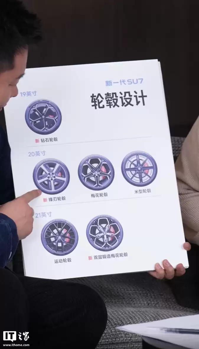 新一代小米SU7轮毂设计公布，共有6款可选