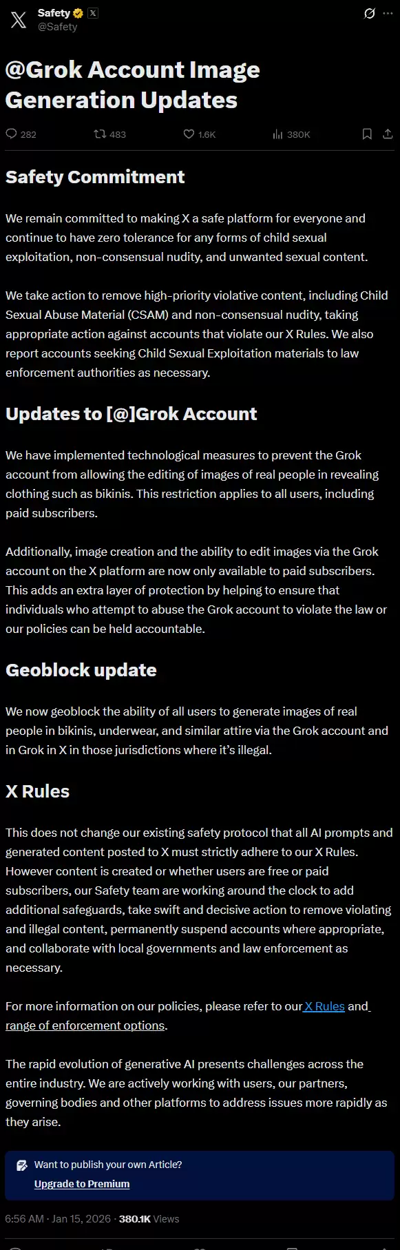 深陷色情内容争议 X终于出手 Grok禁止生成真人比基尼照