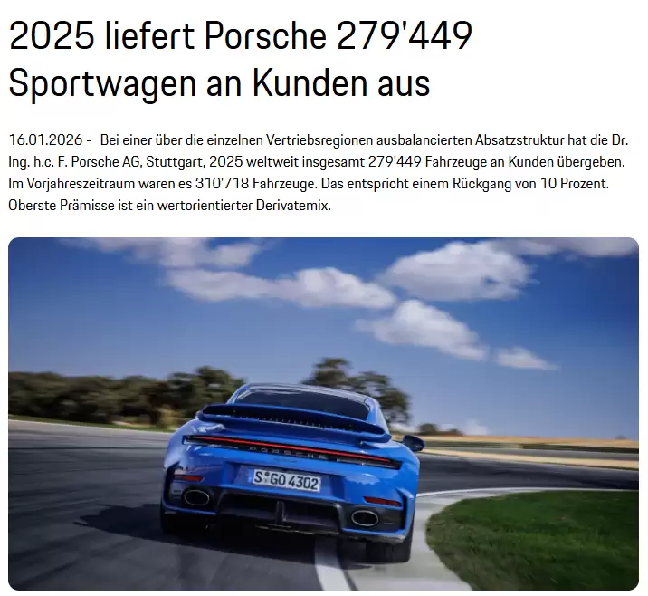 保时捷 2025 年全球交付量 27.94 万辆同比下降 10%,中国市场下滑 26%
