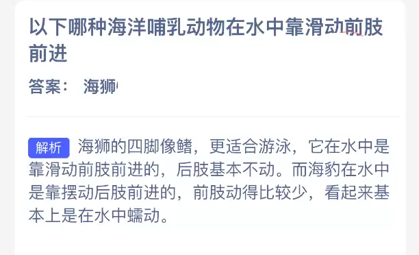 以下哪种海洋哺乳动物在水中靠滑动前肢前进