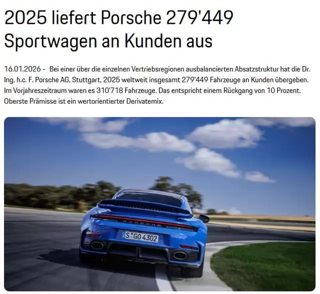 保时捷2025年全球交付量27.94万辆,同比下降10%
