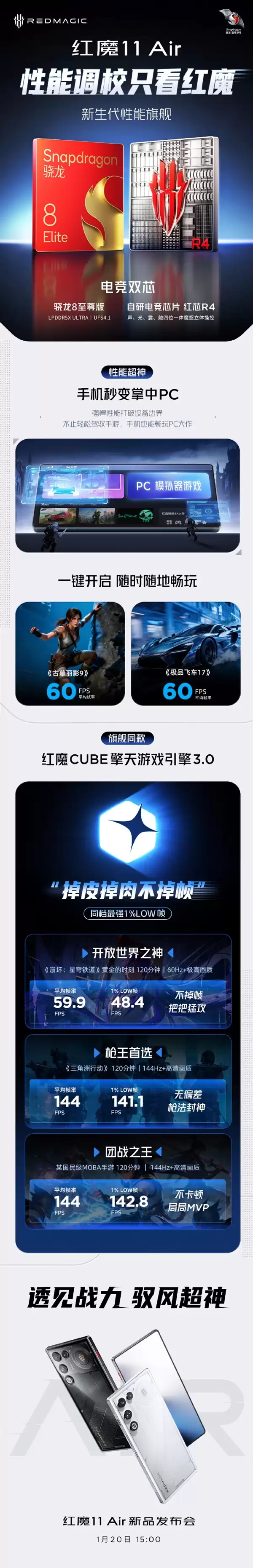 红魔11+Air搭载骁龙8至尊版+自研电竞芯片：手机也能玩PC大作