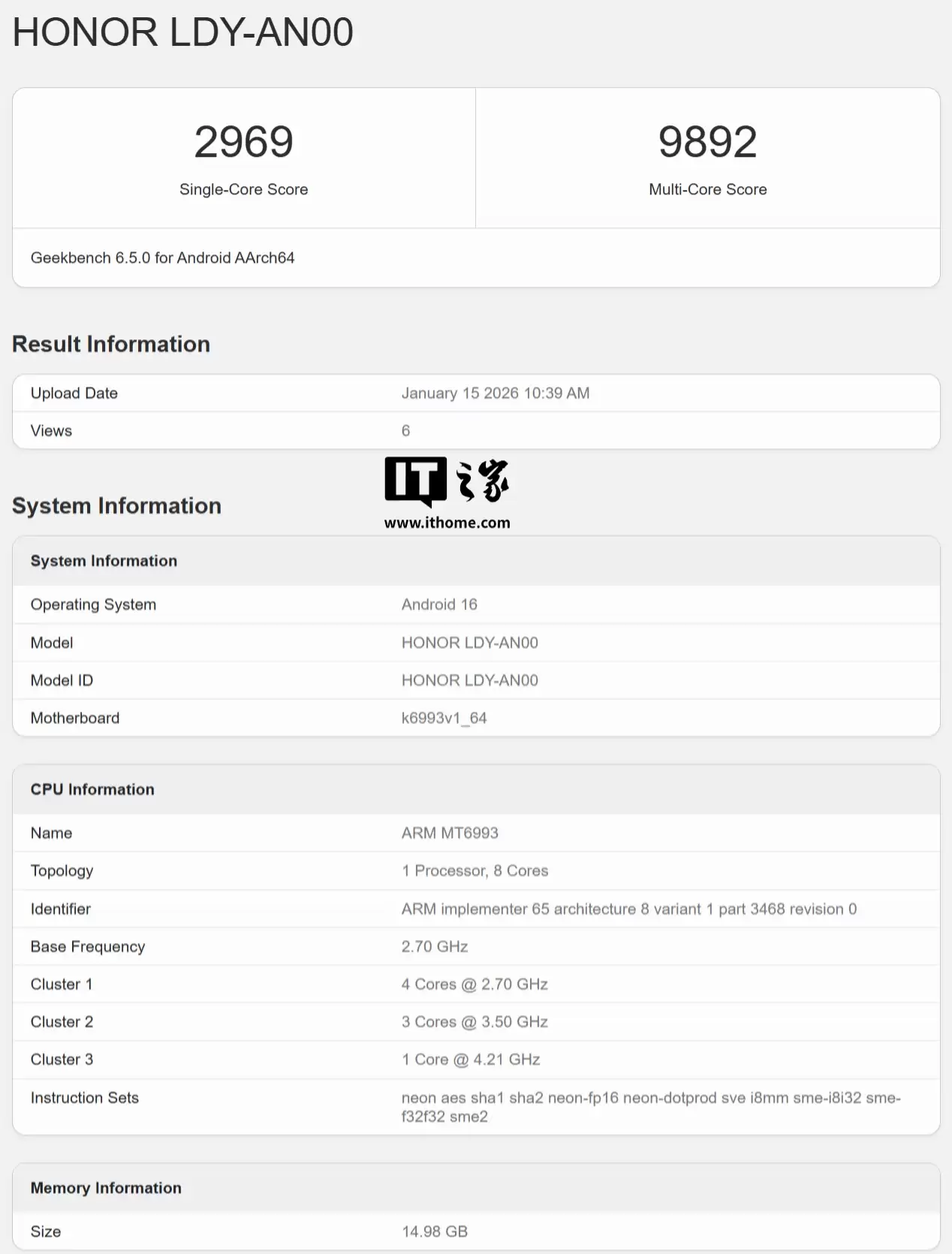 荣耀 Magic8 Pro Air 手机跑分曝光:天玑 9500 芯片、16GB 内存
