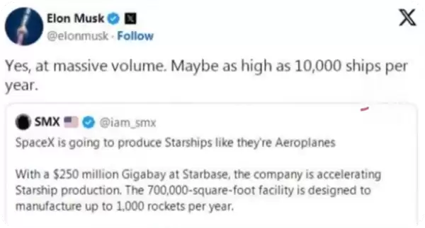 SpaceX星舰拟实现每小时发射一次，年产能或达万艘