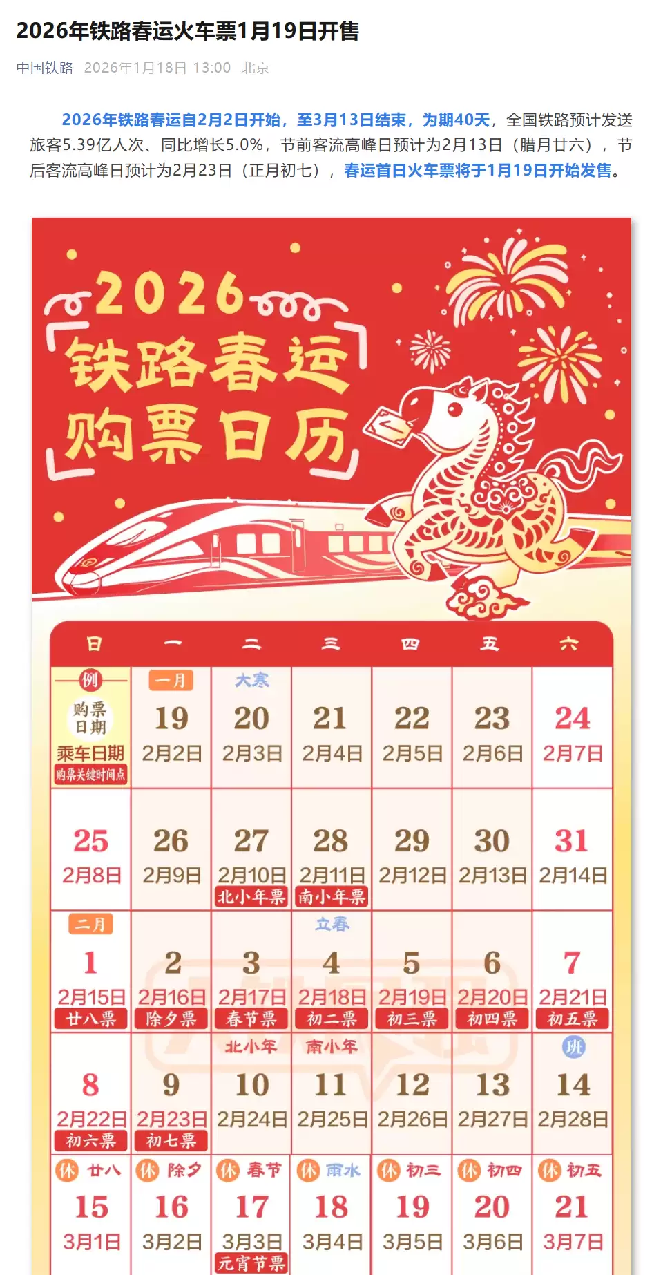 2026 年春运火车票明天开售，预计发送旅客 5.39 亿人次