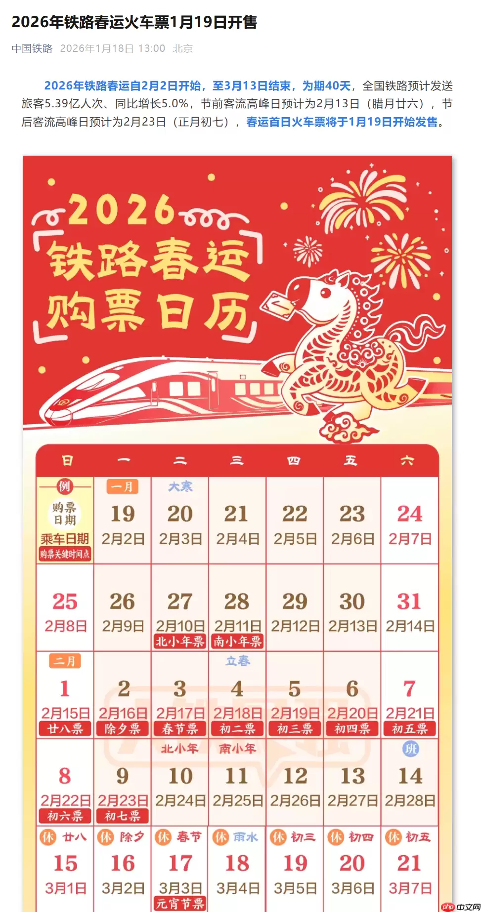 2026 年春运火车票明天开售,预计发送旅客 5.39 亿人次