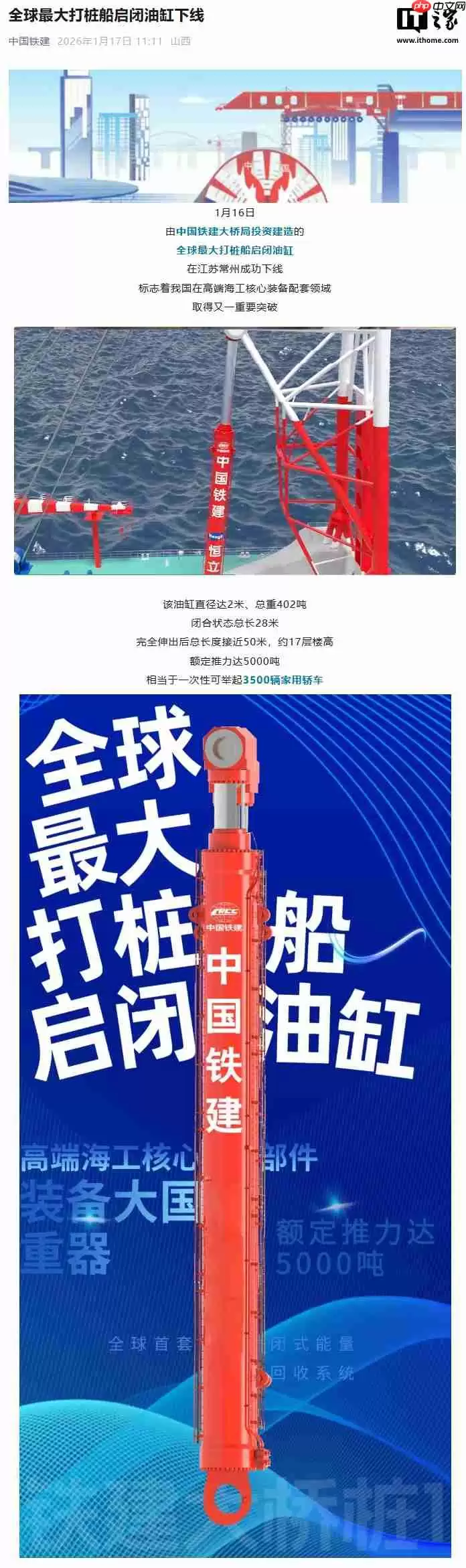 全球最大打桩船启闭油缸下线，一次性可举起“3500 辆家用汽车”