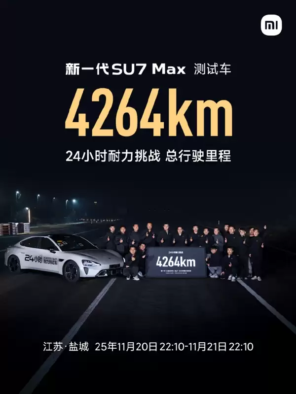 用短跑速度跑马拉松！小米新一代SU7 Max 24小时耐力挑战：斩获4264km