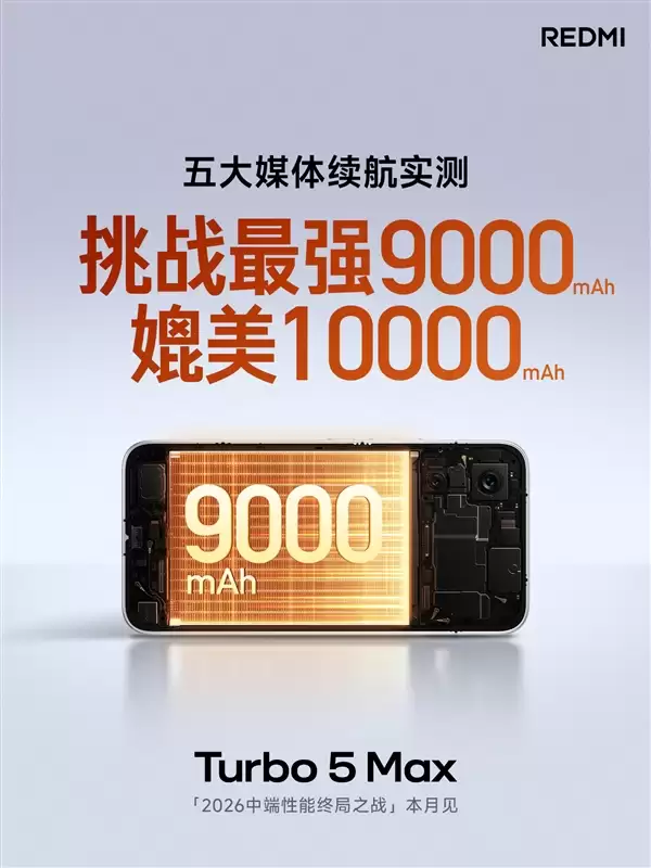 REDMI:Turbo 5 Max 9000mAh电池实测媲美10000mAh