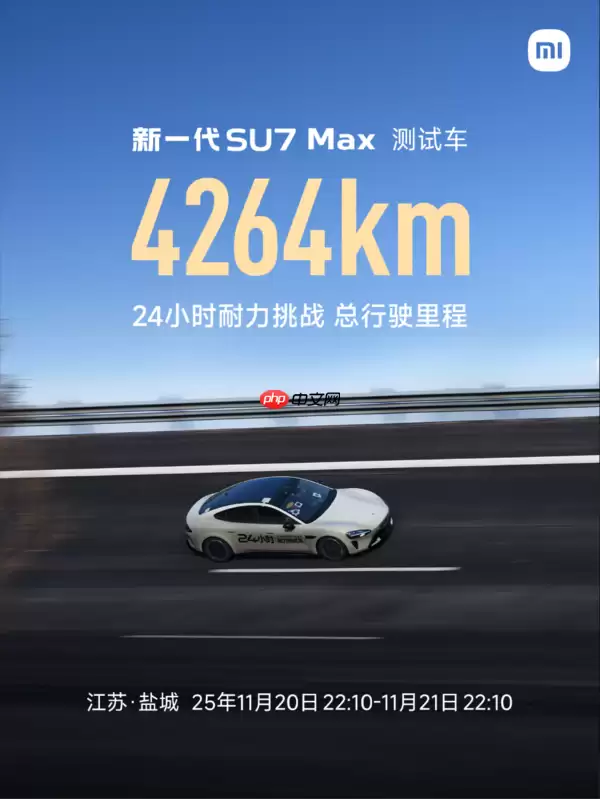 超YU7!新一代小米SU7 Max 24小时耐力挑战达4264km
