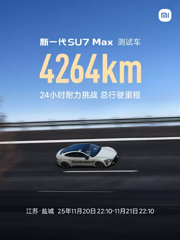 用短跑速度跑马拉松！小米新一代SU7 Max 24小时耐力挑战：斩获4264km