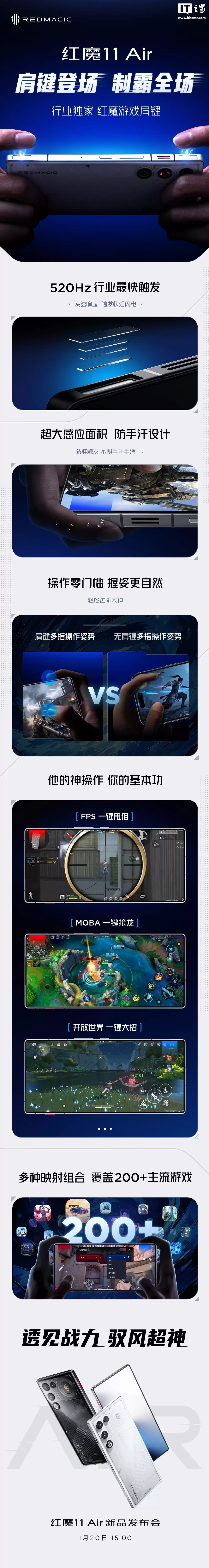 红魔11 Air手机搭载行业独家“红魔游戏肩键”：520Hz行业最快触发、防手汗，1月20日发布