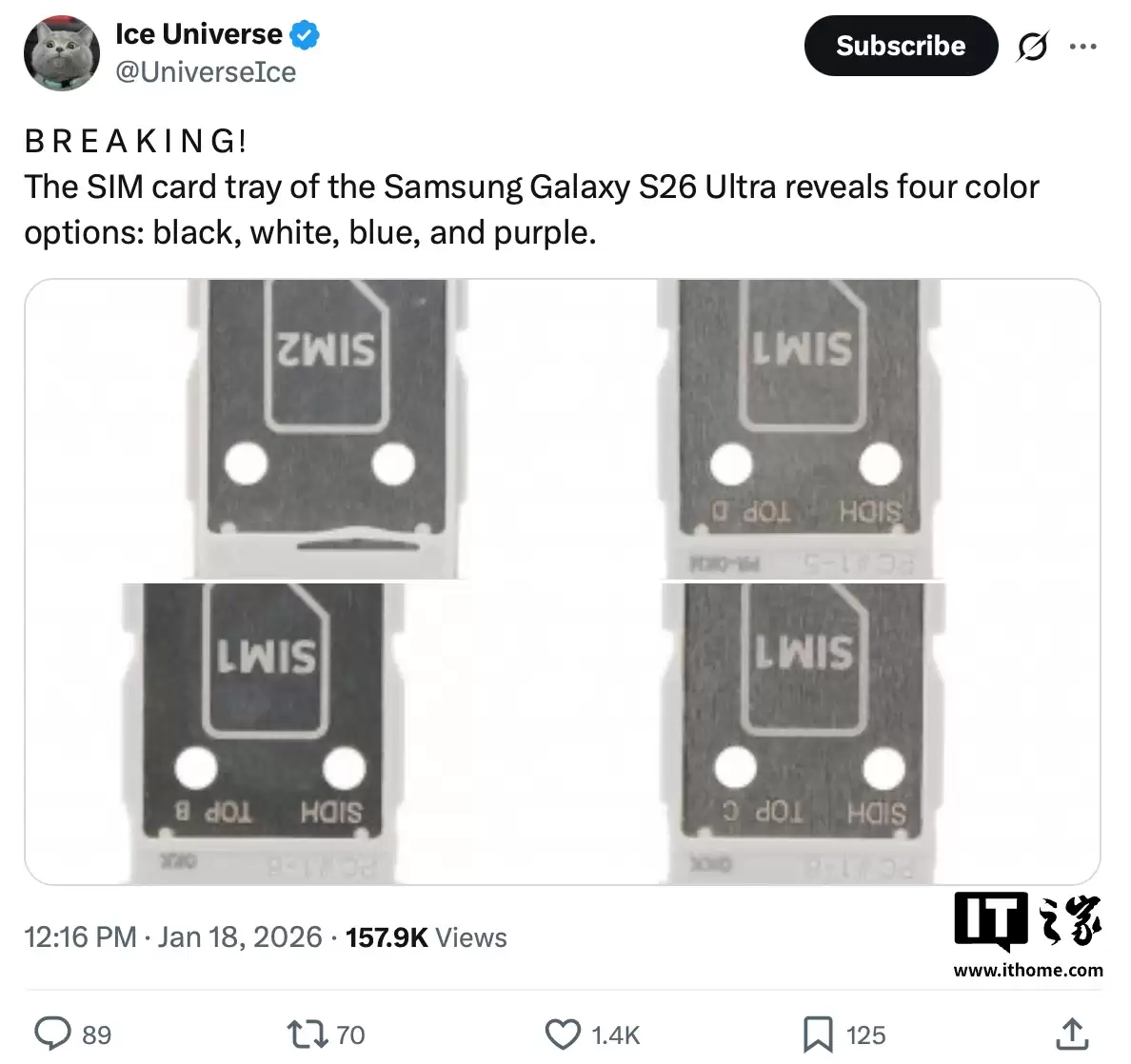 三星 Galaxy S26 Ultra 手机 SIM 卡托曝光，提供黑白紫蓝四种配色