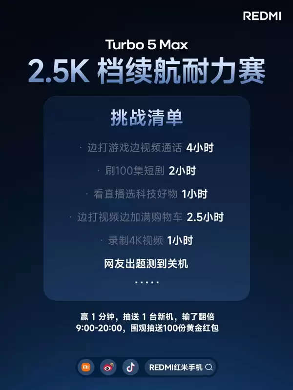 9000mAh挑战友商10000mAh！REDMI Turbo+5+Max续航耐力赛正式开赛
