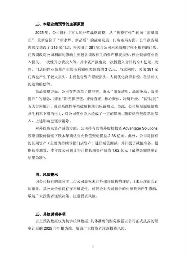 永辉超市:预计2025年净亏损21.4亿元 调改关闭近700家门店