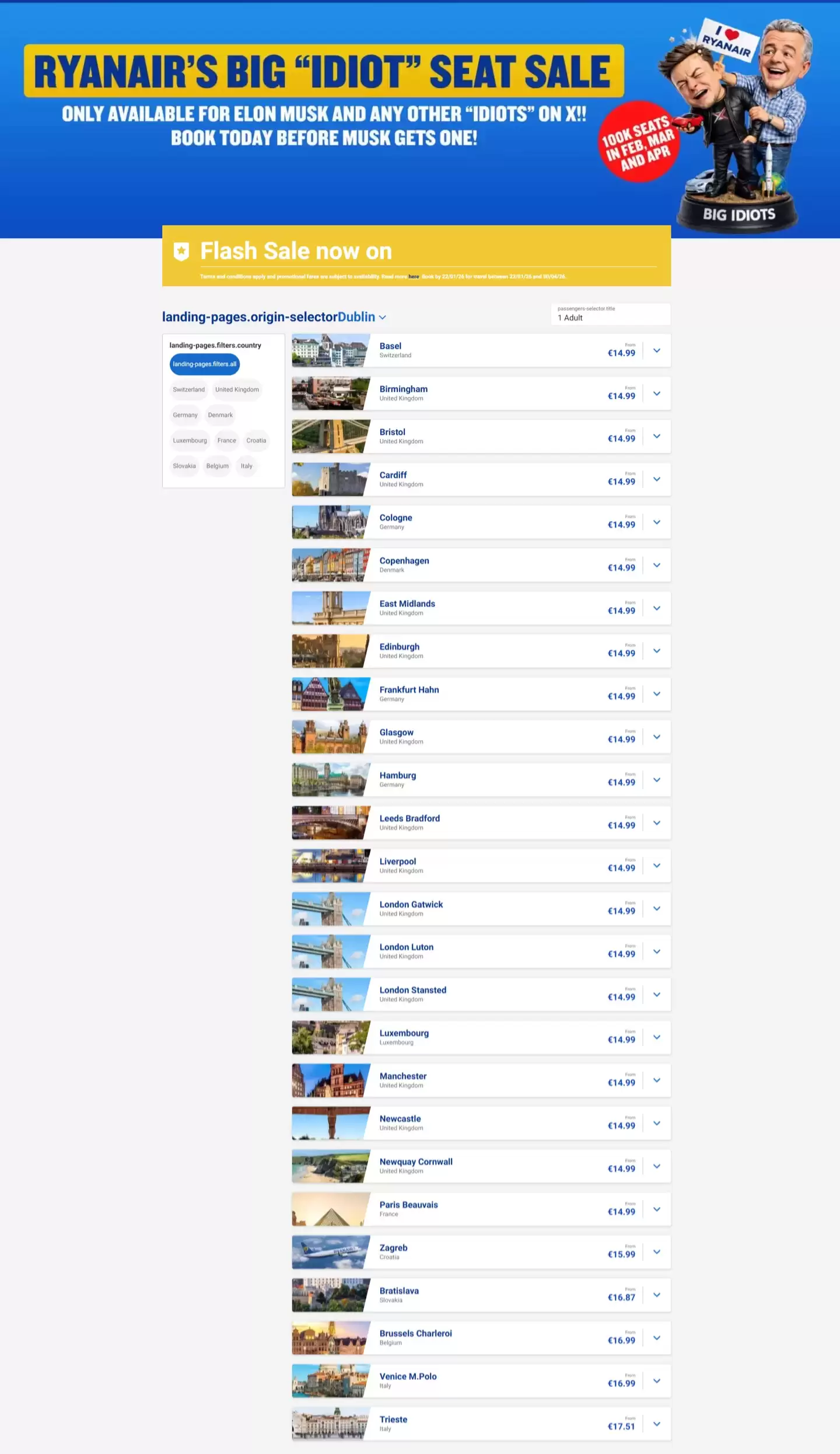 瑞安航空宣布推出“大傻瓜”特价机票,称专为马斯克和X上的蠢货准备