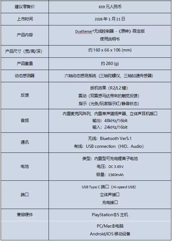 索尼 PS5《原神》限定版 DualSense 无线控制器国行首发，639 元